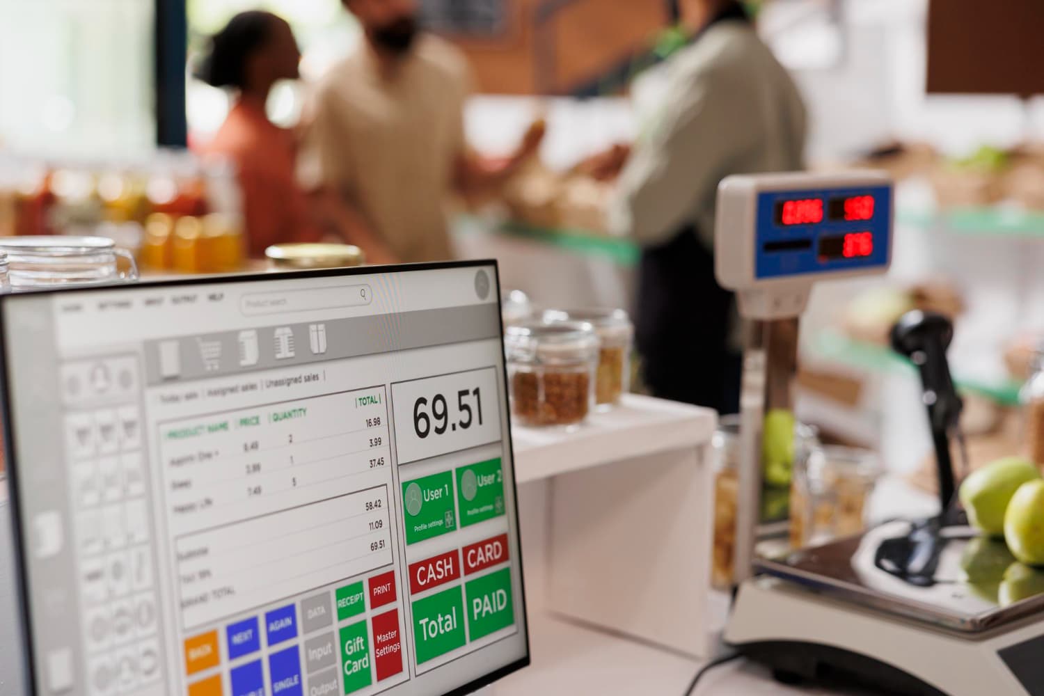 Point-of-sale system displaying transaction details in a retail store