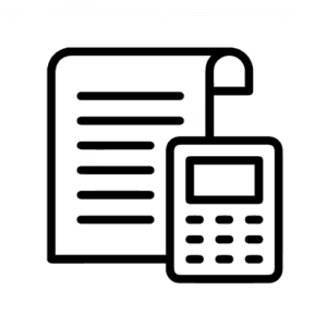 Icon representing outsourcing accounting with a document and calculator symbolizing financial management and outsourced bookkeeping services.